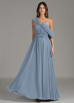 Azazie Nyah Robes à essayer chez vous Robe Trapèze en Mousseline de soie Épaule décolletée Bleu Poussiéreux image3