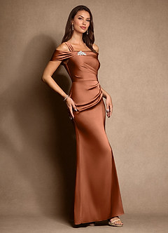 Azazie Altonia Mother of the Bride Dresses Copper Mermaid Off the Shoulder Stretch Satin Dress image2