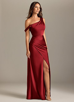 Azazie Madelyn Robes de demoiselle d'honneur Robe Sirène Convertible en Satin extensible Une épaule Écarlate image4