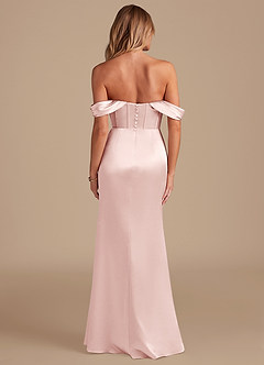 Azazie Asha Bridesmaid Dresses Blushing Pink Sheath Off the Shoulder Metallic Satin Dress image7