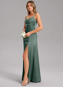 Azazie Azuree Robes de demoiselle d'honneur Robe Trapèze en Satin extensible Plissée Mousse De Mer image4