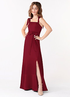 Azazie Barbara Junior Burgundy A-Line Bow Matte Satin Dress image1