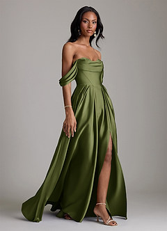 Azazie Loisa Jurken voor bruidsmeisjes Jurk van Stretch Satijn met A-Lijn Off the Shoulder Olijf image6