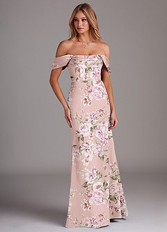 Azazie Saige Bridesmaid Dresses Rosy Floral Bloom Sheath Off the Shoulder Stretch Satin Dress image4