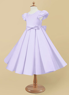 Azazie Jewel Flower Girl Dresses Lilac Ball-Gown Pleated Matte Satin Dress image6