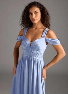Azazie Lianne Bridesmaid Dresses Ice A-Line Off the Shoulder Stretch Satin Dress image3