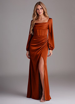 Azazie Charissa Bridesmaid Dresses Paprika Sheath Long Sleeve Stretch Satin Dress image4