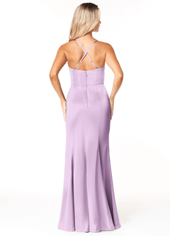 Azazie Marzia Bridesmaid Dresses Frosted Lilac Sheath Cowl Pleated Stretch Satin Dress image2