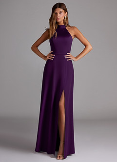 Azazie Myra Bridesmaid Dresses Grape A-Line Side Slit Stretch Satin Dress image3