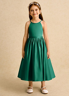 Azazie Indi vestidos de niña de las flores Vestido de Esmeralda de Satin Mate de Corte En A con Lazo image6