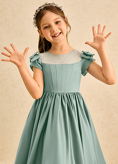 Azazie Toffee Abiti da Ragazza di Fiori Abito Stile Principessa in Raso Opaco Fiocco Salvia Argentata image6