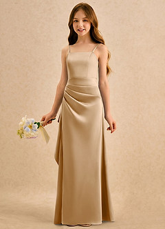Azazie Cannoli Girls Formal vestidos de niña de las flores Vestido de Oro de Satén Elástico de Corte en A con Plisado image3