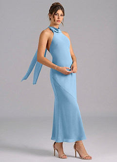 Azazie Velli Robes de demoiselle d'honneur Robe Sirène en Mousseline de soie Col Haut Acier Bleuté image3