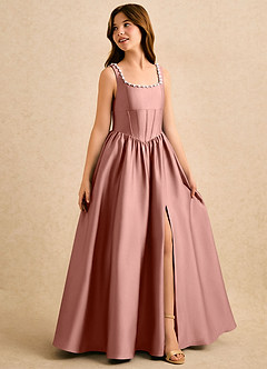 Azazie Enid Girls Formal Blomsterpigekjoler A-Line Perlebesat Stræk satin Gulv-længde Kjole image3