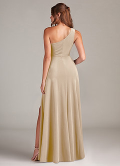Azazie Brooke Robes de demoiselle d'honneur Robe Trapèze en velours Ue épaule Champagne image5
