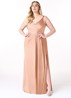 Azazie Aqua Bridesmaid Dresses Rose Gold A-Line V-Neck Pleated Stretch Satin Dress image8