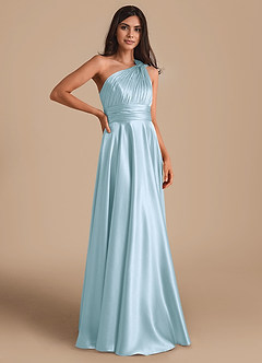 Azazie Charlize Vestidos de damas de honor Vestido de Azul Cielo de Satén Metálico de Corte en A con Hombro unilateral image3