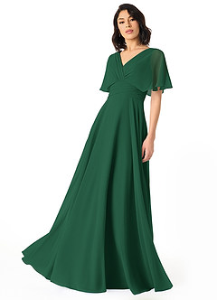 Azazie Pamela Vestidos de damas de honor Vestido de Verde Oscuro de Gasa de Corte en A con Cuello en V plisado image1