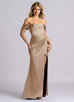 Azazie Auden Jurken voor bruidsmeisjes Converteerbaar Jurk van Stretch Satijn met Kolom Off the Shoulder Taupe image7