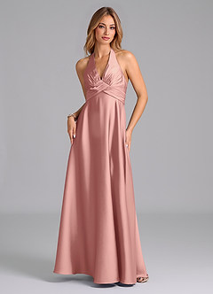 Azazie Tessie 신부 들러리 드레스 A라인 주름진 스트레치 새틴 바닥 길이 드레스 image5