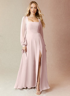 Azazie Leonia Bridesmaid Dresses Blushing Pink A-Line Long Sleeve Chiffon Dress image3