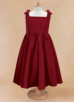 Azazie Chelsie Flower Girl Dresses Burgundy A-Line Bow Matte Satin Dress image5