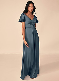 Azazie Soren Robes de demoiselle d'honneur Robe Trapèze en Satin extensible Plissée Violet Crépusculaire image4