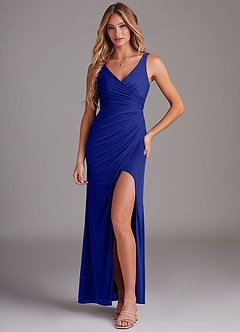 Azazie Leandra Bridesmaid Dresses Royal Blue Mermaid V-Neck Pleated Mesh Dress image1