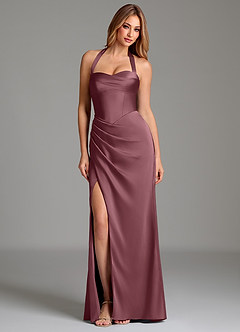 Azazie Serenity Robes de demoiselle d'honneur Robe Sirène en Satin extensible Décolleté en cœur Rose Du Désert image3