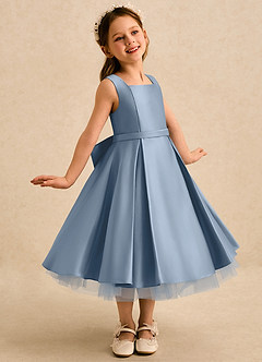 Azazie Josie Flower Girl Dresses Dusty Blue A-Line Pleated Matte Satin Dress image1