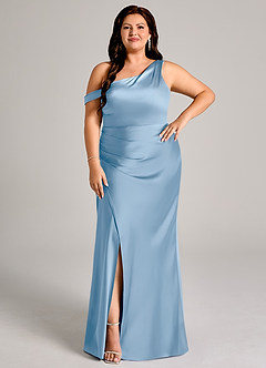 Azazie Madelyn Robes de demoiselle d'honneur Robe Sirène Convertible en Satin extensible Une épaule Poudre Bleue image10