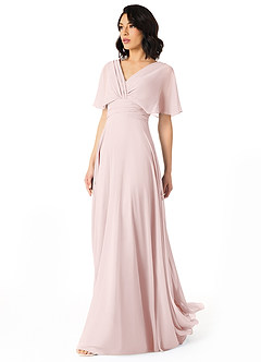 Azazie Pamela Bridesmaid Dresses Blushing Pink A-Line V-Neck Pleated Chiffon Dress image3