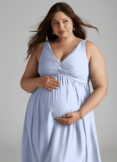 Azazie Yetta Maternity Bridesmaid Dresses A-Line V-Neck Gathered Chiffon Floor-Length Dress image8