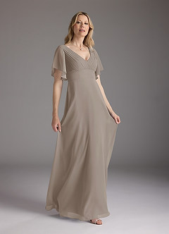 Azazie Alessa Mother of the Bride Dresses Taupe A-Line V-Neck Pleated Chiffon Dress image4