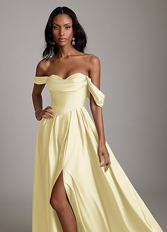 Azazie Loisa Bridesmaid Dresses Lemon Sorbet A-Line Off the Shoulder Stretch Satin Dress image5