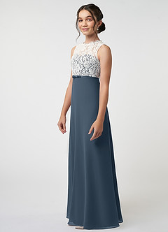 Azazie Rana Junior A-Linie Spitze Chiffon Kleid Neptunblau image3