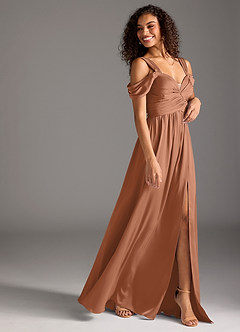 Azazie Lianne Bridesmaid Dresses Bronzer A-Line Off the Shoulder Stretch Satin Dress image6