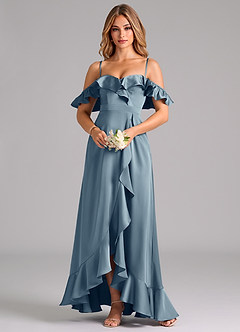 Azazie Lyra Bridesmaid Dresses Dusty Blue A-Line Off the Shoulder Stretch Satin Convertible Dress image5