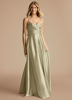 Azazie Oliana Jurken voor bruidsmeisjes Jurk van Metaalachtig Satijn met A-Lijn Geplooid Mosgroen image4