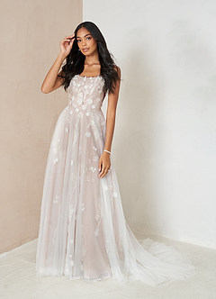 Azazie Armadan Wedding Dresses Diamond White Caramel A-Line Sequins Tulle Dress image3