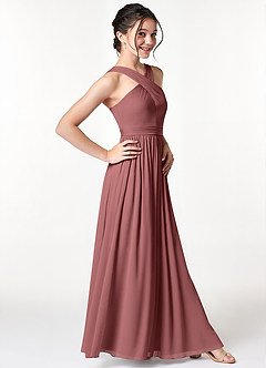 Azazie Jiya Junior Desert Rose A-Line Pleated Mesh Dress image3