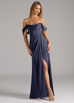 Azazie Johana Robes de demoiselle d'honneur Robe Sirène Convertible en Satin extensible Épaules dénudées Bleu Orageux image1