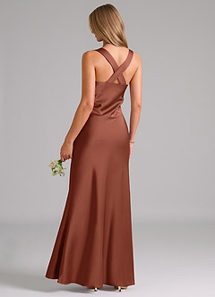 Azazie Kamila Bridesmaid Dresses Clay A-Line Pleated Stretch Satin Dress image2