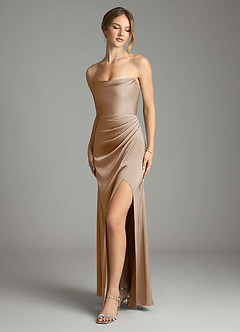 Azazie Leonis Bridesmaid Dresses Taupe Mermaid Pleated Stretch Satin Convertible Dress image1