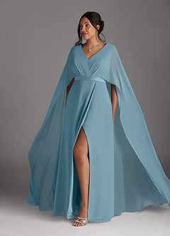Azazie Isa Mother of the Bride Dresses Moody Blue A-Line V-Neck Pleated Chiffon Dress image10