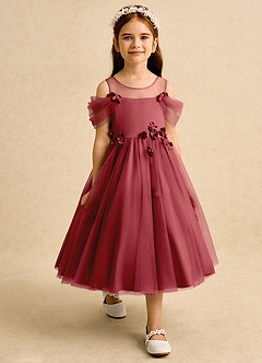 Azazie Juni Flower Girl Dresses Pomegranate Ball-Gown Pleated Tulle Dress image7