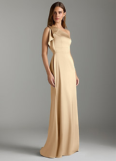 Azazie Rinna Bridesmaid Dresses Champagne Mermaid Ruched Stretch Satin Dress image3
