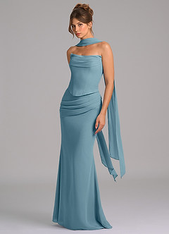 Azazie Sorrel Vestidos de damas de honor Vestido de Azul Malhumorado de Gasa de Corte Sirena con Corsé image5