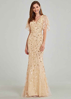 azazie-EVER-PRETTY Flounce Sleeve Sequin Leaf Mesh Dress