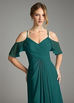 Azazie Dakota Bridesmaid Dresses Peacock A-Line V-Neck Pleated Chiffon Dress image7